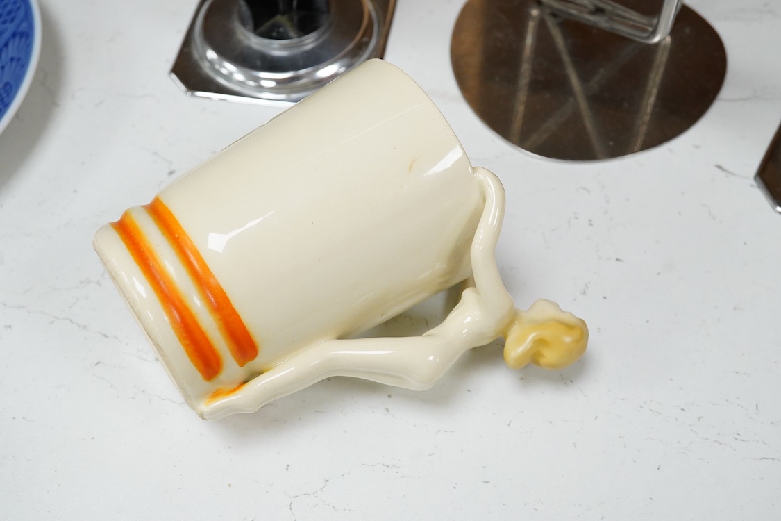 A 1960s Danish Modernist four light candelabrum, a 1940s pair of candlesticks and a West German mug, largest 37cm high